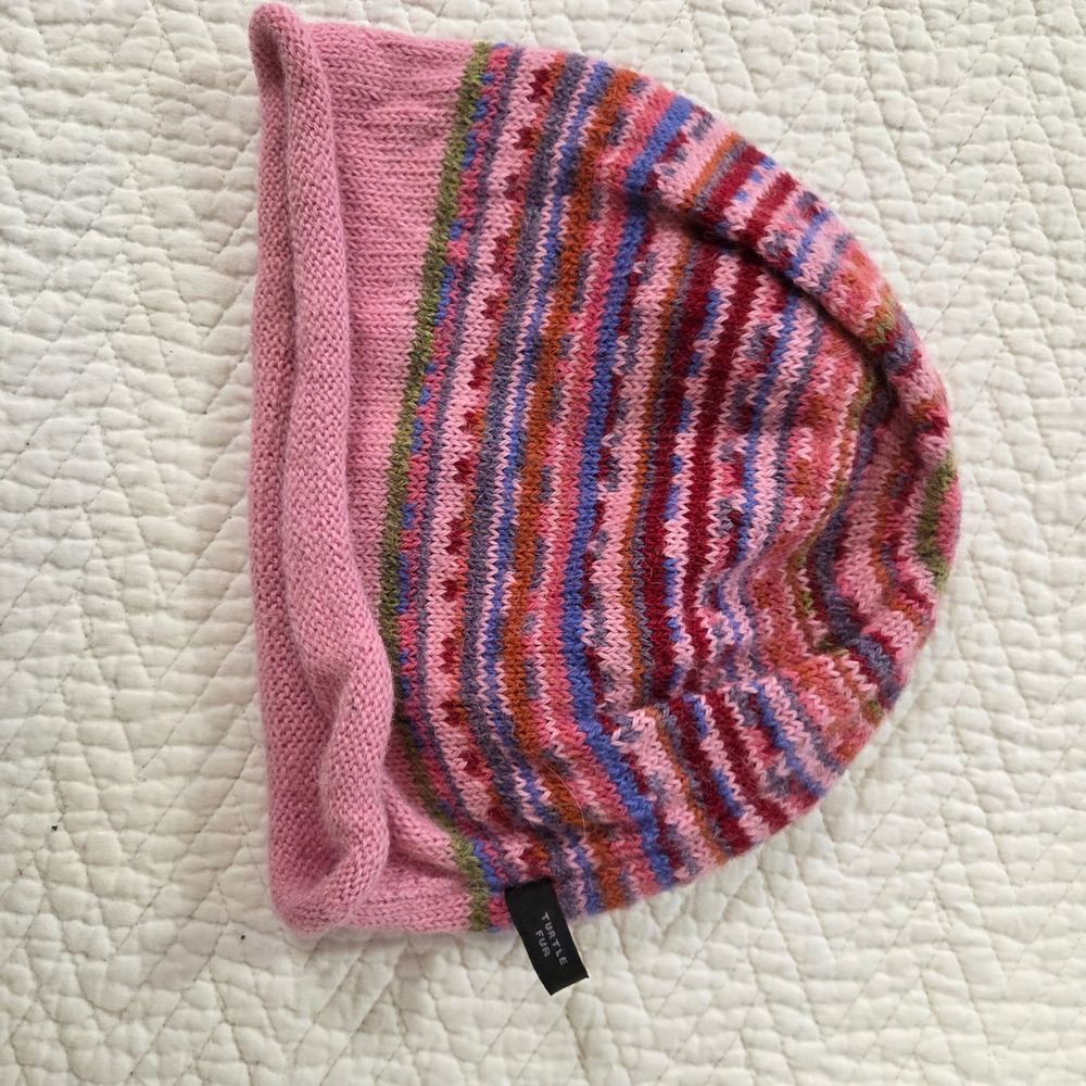 Turtle Fur Beanie Pink Striped Knit Winter Hat Slouchy Roll Edge Women Hat